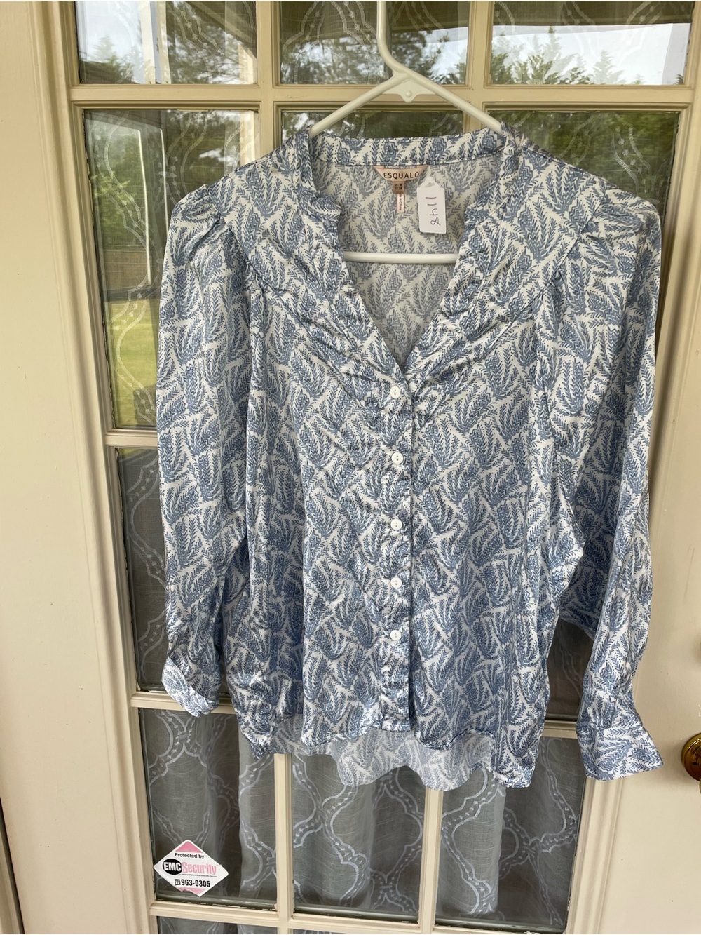 EsQualo Blue White Botanical Print Ruffle Front Blouse Size 6 Viscose Boho Top
